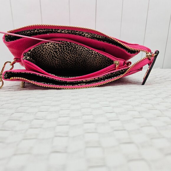 Crossbody Pink Cherry Vegan Leather Leopard Print Lining Purse Clutch Wristlet - Picture 6 of 9